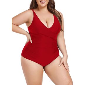 Ocean Blues Women's Plus Size Tummy Control One Piece Bathing Suit Punging Neckline One Piece Swimsuit Ruched Swimwear