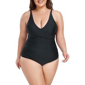 Ocean Blues Women's Plus Size Tummy Control One Piece Bathing Suit Punging Neckline One Piece Swimsuit Ruched Swimwear