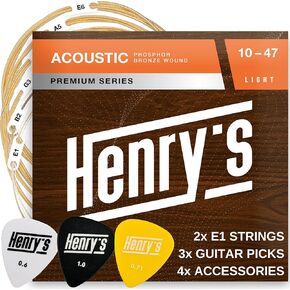 Henry's Acoustic Guitar Strings 10-47 - Extra E1 String & 3 Guitar Picks & 4 Accessories - Phosphor Bronze Guitar Strings Acoustic Light - Acoustic Guitar Strings 6 String Set