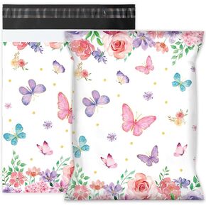Whaline 100Pcs Butterfly Floral Poly Mailer 10 x 13 Inch Watercolor Flower Mailing Bag Colorful Spring Self-Sealing Plastic Packaging Envelope Bag for Small Business