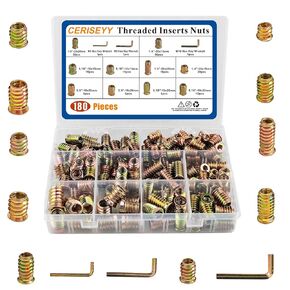 180 PCS Threaded Inserts Nuts for Wood,10 Sizes,1/4"-20, 5/16"-18, 3/8"-16 Wood Inserts Assortment Kit, Steel Threaded Inserts for Wood Furniture Screw Threaded Inserts Kit with M6 M8 M10 Hex Wrench