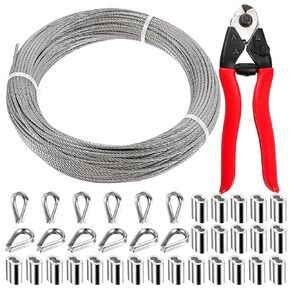 1/8" Stainless Steel Cable,100FT Wire Rope with Loop Sleeve and Wire Rope Thimble,7x7 Strand Core Metal Wire for Deck Railing System,String Light Hanging Kit,Garden Wire,1/8" Aircraft Cable