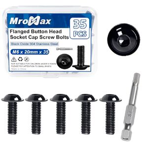 M6-1.0X 20mm 35Pcs Flanged Button Head Socket Cap Screws Bolts, 304 Stainless Steel 18-8, Allen Socket Drive Fully Threaded Black Oxide, with Flanges for Spreading Fastening Forces Over a Large Area