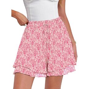 Caracilia Flowy Shorts for Women Summer Casual Boho Floral Ruffle Mini Chiffon Skorts Skirts Running Tennis Underneath Shorts
