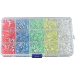500 Pcs 5mm LED Light Emitting Diode Assortment Kit, Led Diode Assortment Kit, White/Red/Yellow/Green/Blue Kit Box