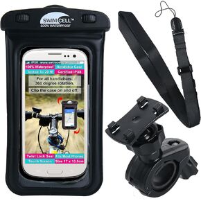 Waterproof Phone Holder Bike Handlebar Mount - Cellphone Case Mount for iPhone, Samsung, Android. 360 Degree Rotation. All Cell Phones Up to 6.7 inches. IPX8. Quick Release. Neck Lanyard. Black