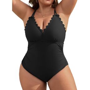 Charmo Scalloped Plus Size Swimsuit Women Tummy Control One Piece Bathing Suits Ruched V Neck Swimwear 2025