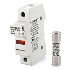 Baomain Cylindrical Fuse Holder RT18-32(X) 10mm X 38mm Fuse Base Single Pole DIN Rail Mount with 10 PCS of RO15 Fuse(20 Amp) CE Listed