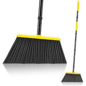 JEHONN Outdoor Broom Heavy Duty with 55 inches Long Handle, Household Collapsible Angle Brush for Sweeping Indoor Kitchen Patio Shop Outside Garage Lobby Garden Deck Hardwood Floors (Yellow)