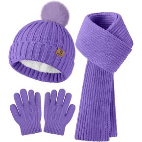 Glooarm Kids Winter Hat Gloves Scarf Set, Girls Toddler Knit Scarf Warm Gloves with Fleece Lined Beanie for 2-14 Years