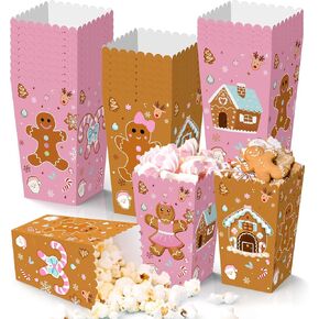 K KUMEED 24 PCS Christmas Popcorn Favor Boxes,Pink and Brown Gingerbread Man Christmas Party Supplies Cute Candy House Popcorn Bowls Popcorn Buckets Popcorn Bags Candy Cookie Container for Kids