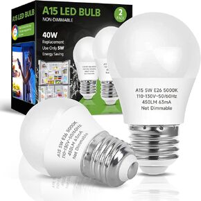 LED Refrigerator Light Bulb, 40W Equivalent LED A15 Bulb, 5W Daylight 5000K E26 Medium Base, Waterproof Appliance Bulb for Fridge Freezer Ceiling Fan, Non-Dimmable, 2 Packs