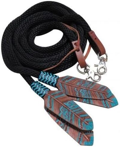 Showman 8' Round Braided Nylon Split Reins w/Teal Painted Feather Poppers in Saudi Arabia