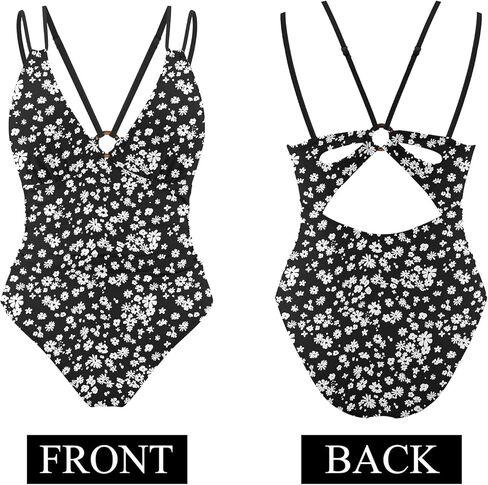 AI'MAGE Womens One Piece Swimsuit V Neck Ruched Bathing Suit Double Straps Crisscross Back Floral Print Swimwear S-XXL in Kuwait