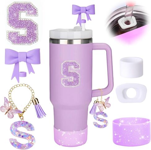 MOTEERLLU 6pcs Stanley Cup Accessories Set,Bow Straw Cover for Stanley Cup 30oz 40oz, Including Straw Topper,Spill Proof Stopper,Sparkly Silicone Boot Set,Handle Charm,Initials Sticker (M) in Saudi Arabia
