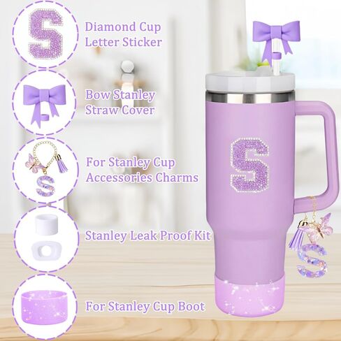 MOTEERLLU 6pcs Stanley Cup Accessories Set,Bow Straw Cover for Stanley Cup 30oz 40oz, Including Straw Topper,Spill Proof Stopper,Sparkly Silicone Boot Set,Handle Charm,Initials Sticker (M) in Saudi Arabia