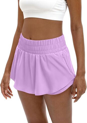LUCKYCATCUS Women's High Waisted Athletic Shorts Flowy Ruffle Skirt Front Workout Tennis Running Shorts for Women Zip Pocket in Saudi Arabia