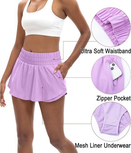 LUCKYCATCUS Women's High Waisted Athletic Shorts Flowy Ruffle Skirt Front Workout Tennis Running Shorts for Women Zip Pocket in Saudi Arabia