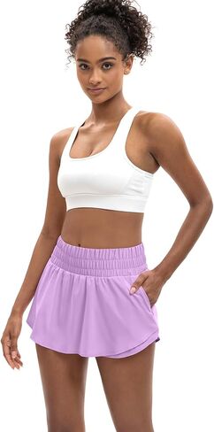 LUCKYCATCUS Women's High Waisted Athletic Shorts Flowy Ruffle Skirt Front Workout Tennis Running Shorts for Women Zip Pocket in Saudi Arabia