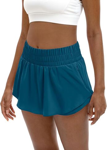 LUCKYCATCUS شورت رياضي نسائي عالي الخصر تنورة مكشكشة متدرجة من الأمام شورت للجري والتنس للنساء بجيب بسحاب in Kuwait
