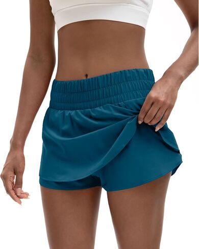 LUCKYCATCUS شورت رياضي نسائي عالي الخصر تنورة مكشكشة متدرجة من الأمام شورت للجري والتنس للنساء بجيب بسحاب in Kuwait