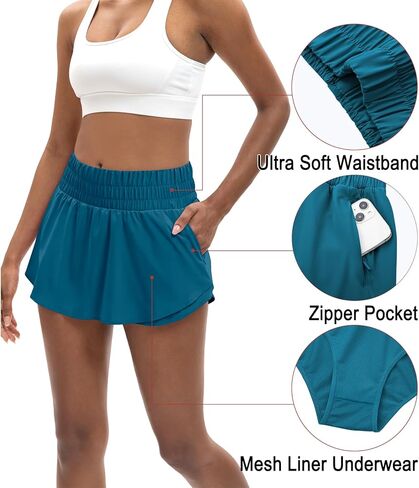 LUCKYCATCUS شورت رياضي نسائي عالي الخصر تنورة مكشكشة متدرجة من الأمام شورت للجري والتنس للنساء بجيب بسحاب in Kuwait