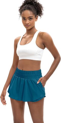 LUCKYCATCUS شورت رياضي نسائي عالي الخصر تنورة مكشكشة متدرجة من الأمام شورت للجري والتنس للنساء بجيب بسحاب in Kuwait