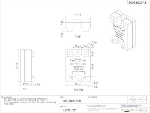 مرحل الحالة الصلبة للتحكم في التيار المستمر 240D45، 240 فولت تيار متردد، 45 أمبير، 4000 فولت عزل بصري، الحد الأقصى لوقت التشغيل/الإيقاف نصف دورة، تردد التشغيل 25 - 65 هرتز in Kuwait