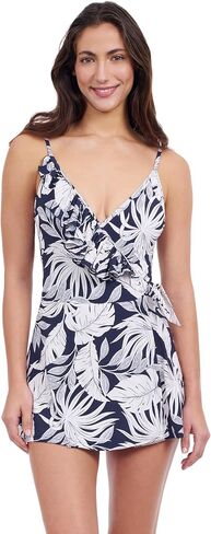 Profile by Gottex Malaya Women’s Teal White Tropical Print Swim Dress with Surplice Neck Ruffle, Soft Cups, and Tummy Control in Kuwait