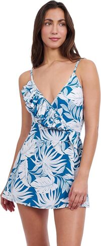 Profile by Gottex Malaya Women’s Teal White Tropical Print Swim Dress with Surplice Neck Ruffle, Soft Cups, and Tummy Control in Kuwait