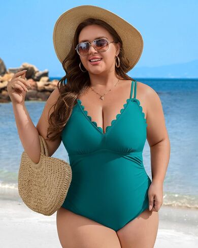 Charmo Scalloped Plus Size Swimsuit Women Tummy Control One Piece Bathing Suits Ruched V Neck Swimwear 2025 in Saudi Arabia
