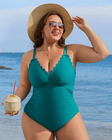 Charmo Scalloped Plus Size Swimsuit Women Tummy Control One Piece Bathing Suits Ruched V Neck Swimwear 2025 in Saudi Arabia