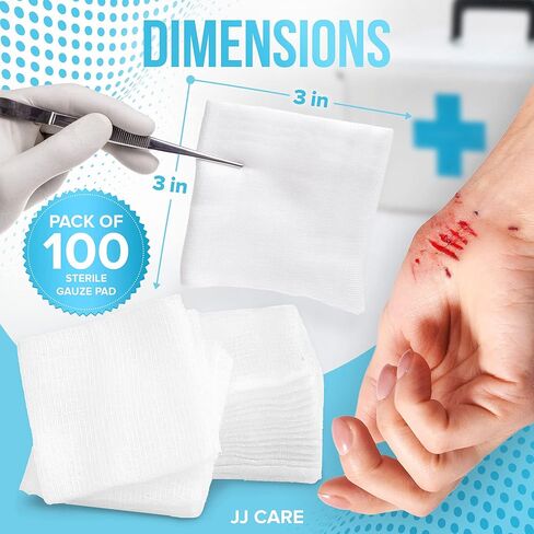 وسادات شاش معقمة من JJ CARE [عبوة من 100]، وسادات شاش 3 × 3، وإسفنجات شاش معقمة، وتضميد جروح شاش للاستعمال مرة واحدة، وسادات شاش معبأة بشكل فردي للإسعافات الأولية in Kuwait