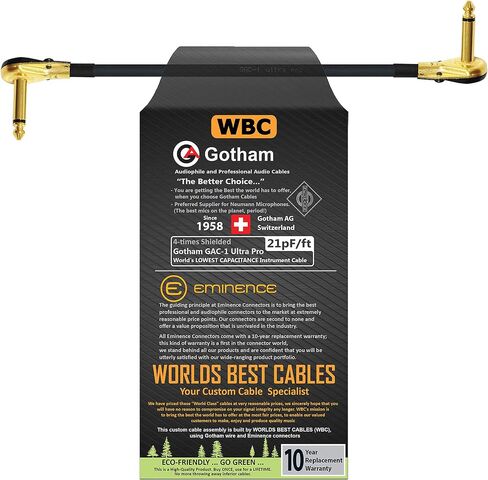 أفضل كابلات في العالمين 9 بوصة-أداة تأثيرات الجيتار Gotham GAC-1 Ultra Pro-منخفضة Cap (21pf/ft) ، كابل التصحيح على شكل S و Gold (6.35mm) R/A Pancake Slable-مصنوعة خصيصًا in Saudi Arabia