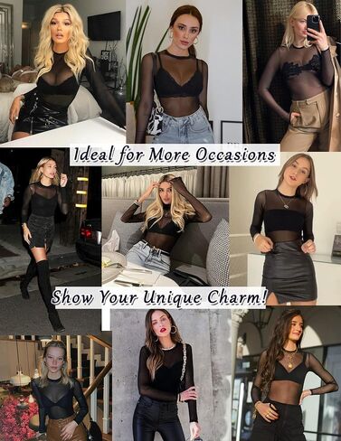 Avidlove Womens Mesh Long Sleeve Bodysuit Round Neck Sheer Leotards Geo Print Bodysuit Top with Snap Crotch in Saudi Arabia