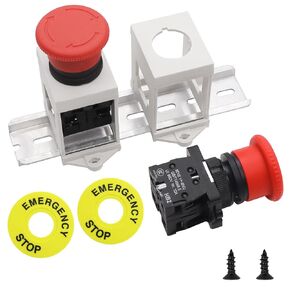 mxuteuk 2PCS 22mm 2 NC Red Mushroom Emergency Stop Push Button Switch AC 660V 10A with 2PCS Mounting Bracket,1PCS DIN Rail G038