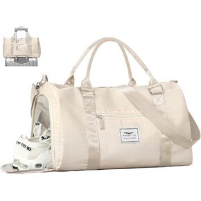 FIORETTO Womens Gym Tote Duffle Bag with Wet Pocket & Shoe Compartment, Sports Duffel Overnight Weekender Hospital Workout Carry on Bag for Girls, Ideal for Travel, Swimming, Dance, Ballet Beige