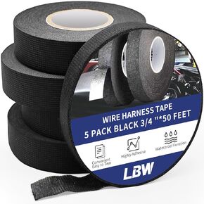 LBW 5 Rolls 3/4 Inch x 50 FT Wire Harness Cloth Electrical Tape, Wire Loom Tape Wiring Harness, Automotive Heat Proof Cloth Tape for Automotive Electrical Wrap, Protection Insulation Cable Fixed