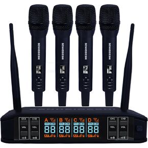 UHF 4 Channel Rechargeable Wireless Microphone System with 4 Handheld mic Echo/Treble/Bass, 160 ft UHF Range，Cordless Handheld Dynamic Mics System for Wedding, Church, Karaoke, Singing, DJ
