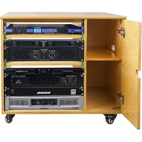 Sound Town DIY 11U Solid Baltic Birch Plywood Plywood Studio Rack with Slide-Out Trays, Cabinet, Casters, Golden Oak, for Recording Room, Home Studio (SDRK-CR11)