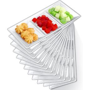 3 Section Serving Tray Bulk Serving Dish Compartment Appetizer Tray Plastic Dessert Platter Rectangular Divided Bowls Disposable Plate for Snack Desserts Fruit, 15 x 7 in (Clear,20 Pcs)