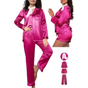 4Pcs Silk Satin Pajamas Sets for Women XS-XXL Silky Pajama Set Womens Pj Set Loungewear Long Pjs Soft Sleepwear