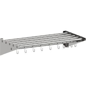 12" x 24" NSF Certified Stainless Steel Wall Mount Shelf, Metal Kitchen Rack with 10 S Hooks for Convenient Storage and Organization of Pots, Pans, and cookware