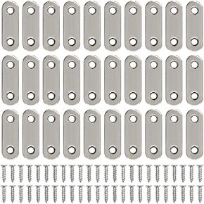 30Pcs Flat Straight Brace 46 mm x 16 mm Flat Straight Bracket Stainless Steel Straight Brackets Metal Fixed Connecting Plate with 60Pcs Screws Joining Plate for Wood Furniture Mending Repair