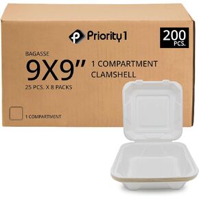 Priority1 Paper 9 x 9 Inch - 1 Compartment, 200 Pack Disposable Clamshell Take Out Food Containers, Hinged Lid, Eco Friendly Boxes for Restaurant and Events