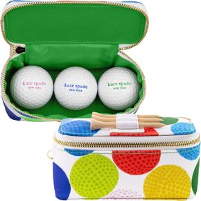 kate spade new york Women’s Golf Set, Includes 3 Wooden Golf Tees & 3 Balls with Zipper Pouch, Gold Clasp Secures to Bag, Golfball Pattern Mini Golf