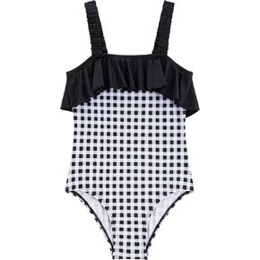 LIZENS Girls One Piece Off Shoulder Black Ruffle Swimwear Bathing Suit for Kids