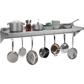 Metal Multifunctional Storage Rack with Backplash for Kitchen, [NSF Certified] 12" x 60" Stainless Steel Wall Mount Shelf with 7 Hooks for Hanging Pots, Pans,cookware in Home and Restaurant