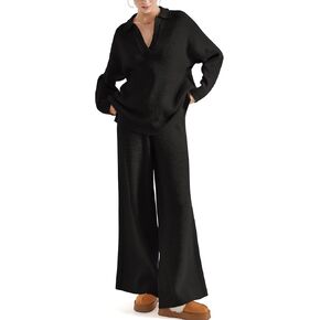 SUUKSESS Women 2 piece Fall outfits Long Sleeve Oversized Matching Lounge Set Waffle Knit Polo Sweater sets (Black,L)