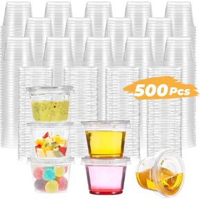 500 Sets Clear Disposable Plastic Portion Cups with Lids - 1 oz Airtight & Stackable Portion Cups, Soufflé Cups, Jello Cups With Lids, Clear Plastic Containers Perfect for salad Dressing and More